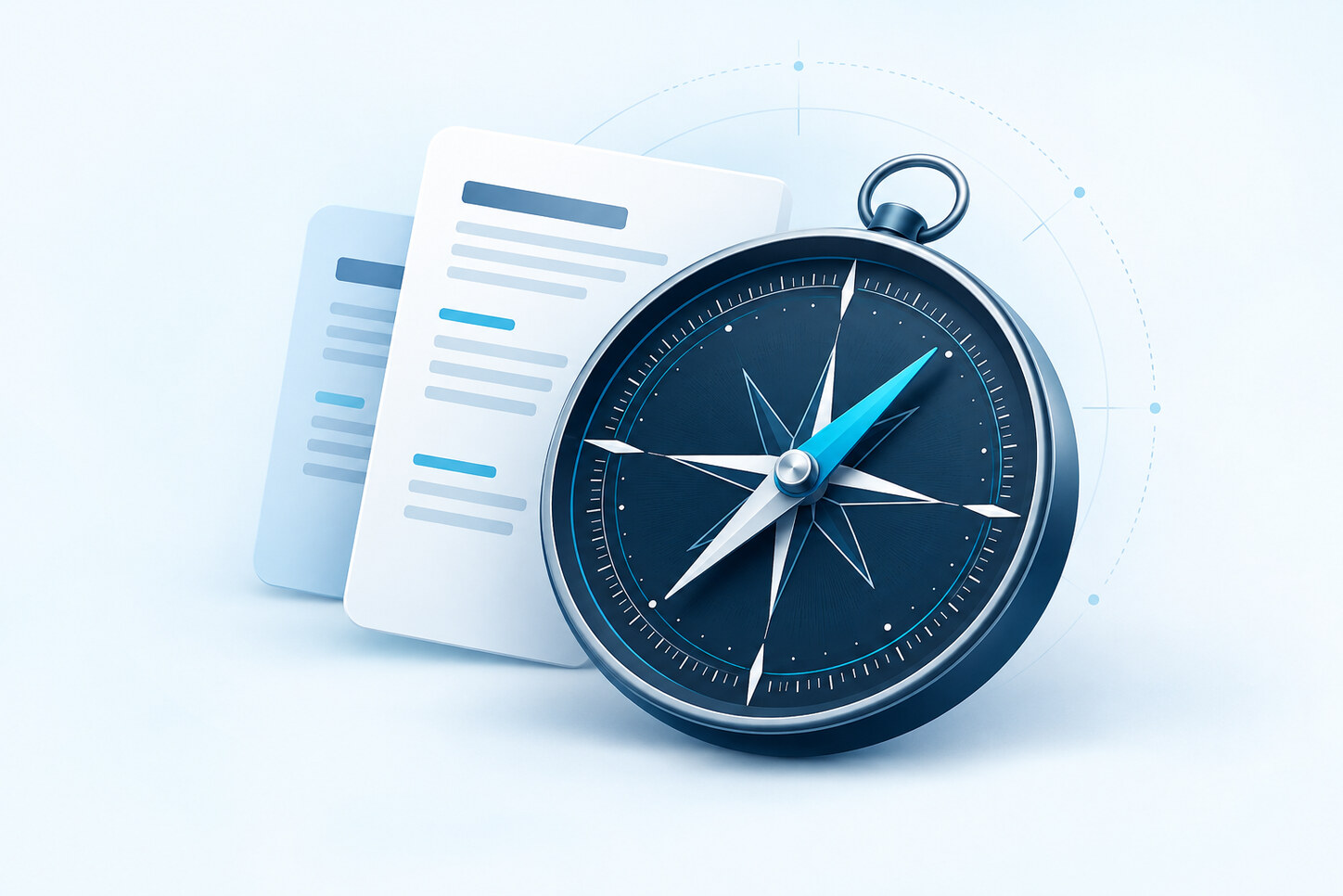 Navy and cyan compass beside layered policy documents, illustrating guidance through BSA compliance resources.