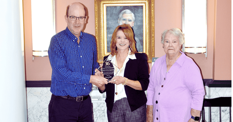 ltr. Timothy P. Dantz Bank of Evergreen President and CEO pictured with Finovifi's Starr Largin and  Bank of Evergreen Chairman  Nell W. Stuart  