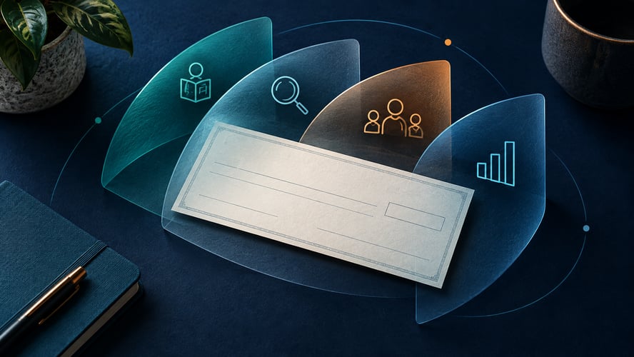 Illustration of a blank check protected by four translucent layers representing education, daily review, staff feedback, and careful measurement.