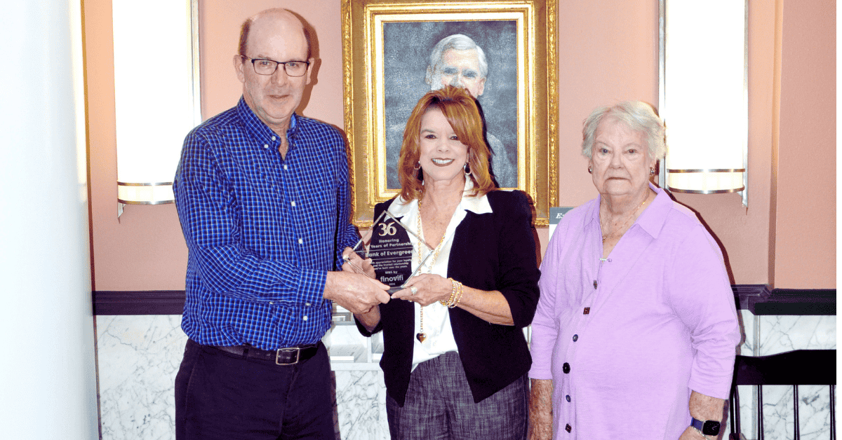 ltr. Timothy P. Dantz Bank of Evergreen President and CEO pictured with Finovifi's Starr Largin and  Bank of Evergreen Chairman  Nell W. Stuart  