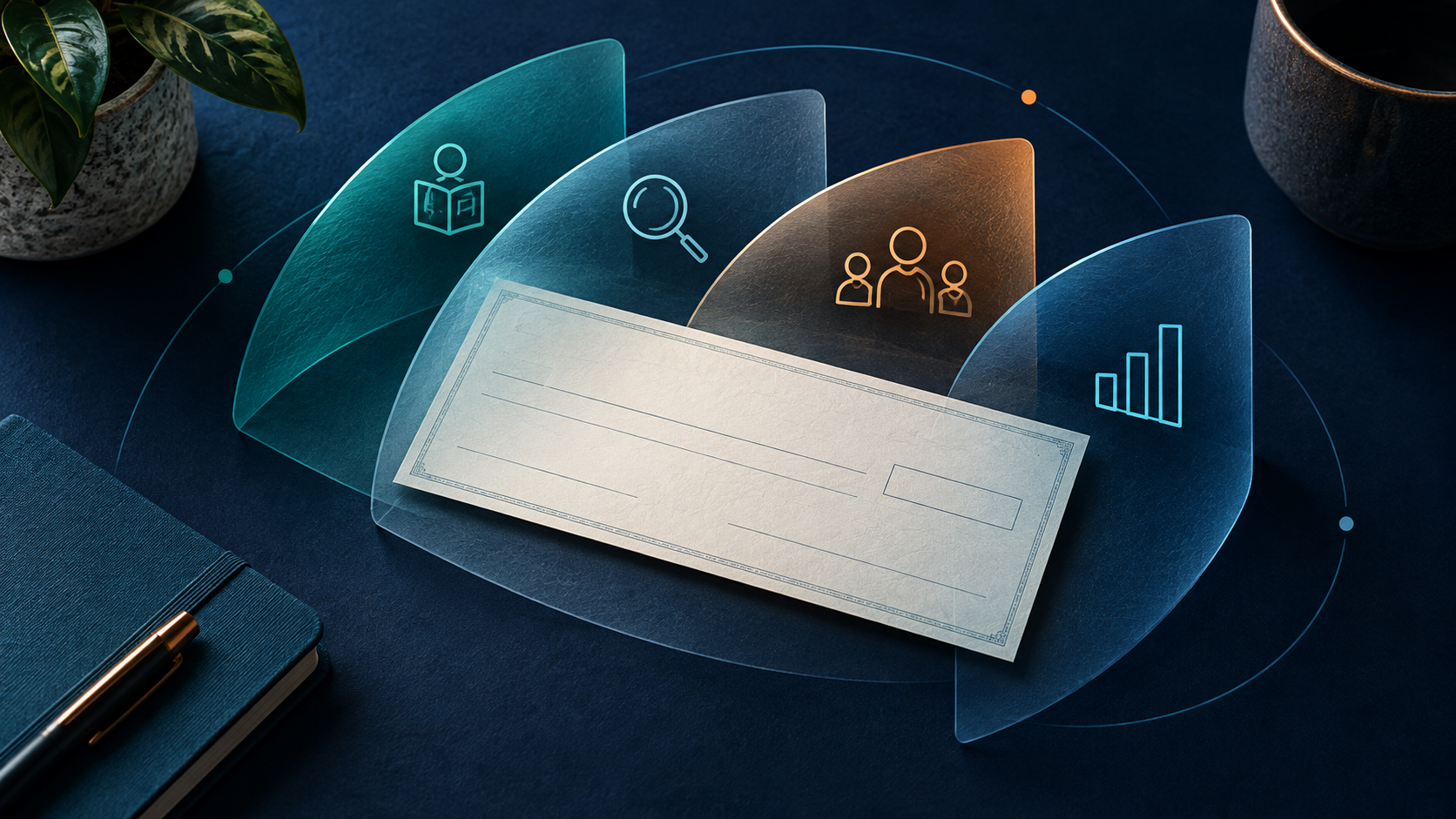Illustration of a blank check protected by four translucent layers representing education, daily review, staff feedback, and careful measurement.