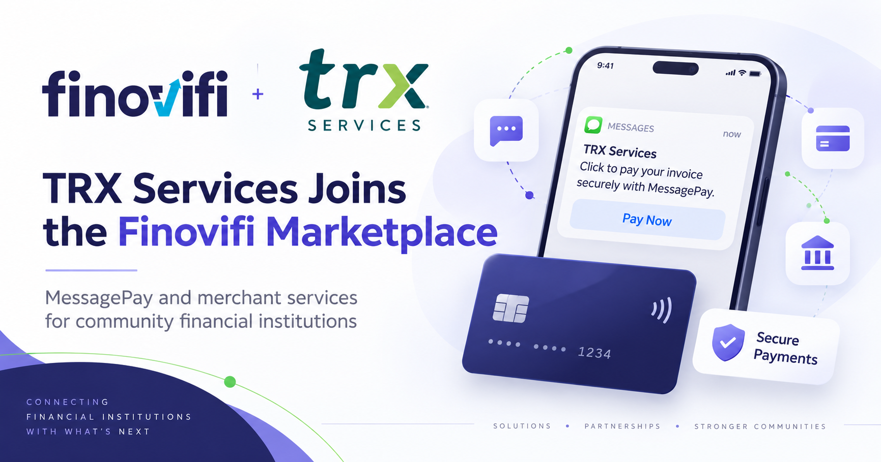 Finovifi and TRX Services logos beside a phone displaying a secure MessagePay payment prompt.